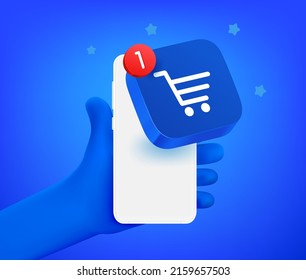 Comic hand with smartphone with shopping app. 3d vector illustration