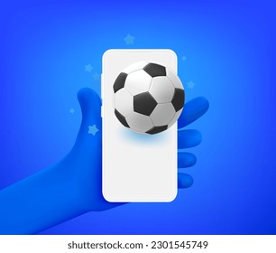 Comic hand with smartphone and soccer ball icon. 3d vector illustration