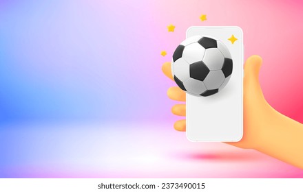 Mano cómica con smartphone e icono de fútbol. Banner vectorial 3d con espacio de copia


