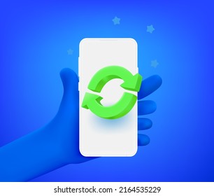 Comic hand with smartphone with upgrade icon. 3d vector illustration