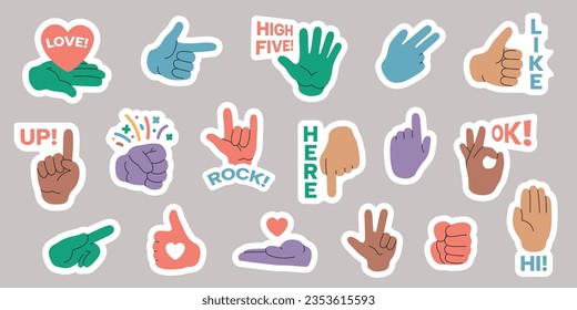 Comic hand stickers. Cute labels with hand expression and gestures, funny little fingers and palm badges, doodle hands of praise for planner. Vector set. Non verbal communication, body language