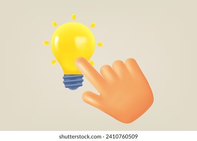 Comic hand touching lightbulb. Inspiration concept. 3d vector illustration