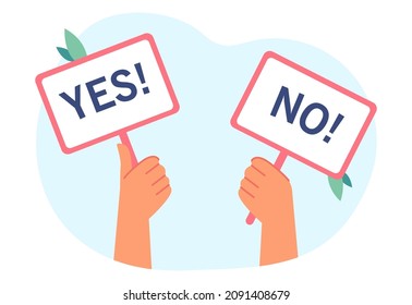 Comic hands holding signs saying yes and no in big font. Correct and wrong answer to survey or test question flat vector illustration. Choice concept for banner, website design or landing web page