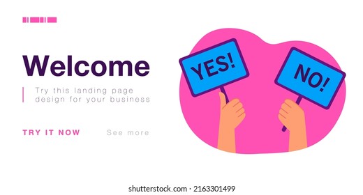 Comic hands holding signs saying yes and no in big font. Correct and wrong answer to survey or test question flat vector illustration. Choice concept for banner, website design or landing web page