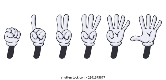 Comic hands numbers gestures, cartoon finger counting signs. Hand numbers, comic book hands in glove one, two, three, four fingers gesture vector symbols illustrations