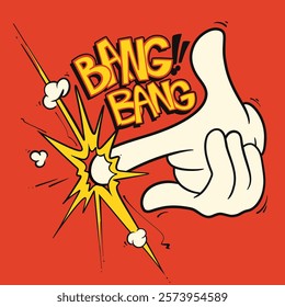 Comic hands with two fingers like a revolver and Bang lettering. Vector hand drawn illustration