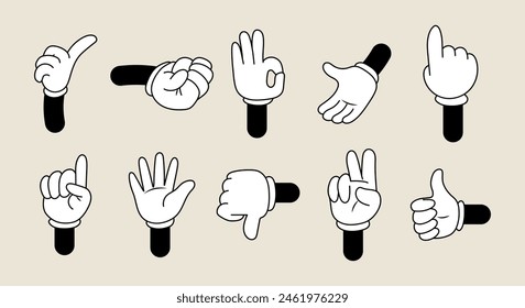 Comic hands. Vintage retro hands in gloves. Comic retro hands in different poses. Isolated mascot character elements