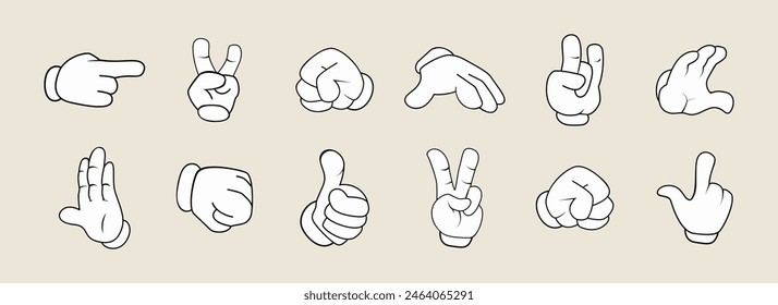 Comic hands. Vintage retro hands in gloves. Comic retro hands in different poses. Isolated mascot character elements