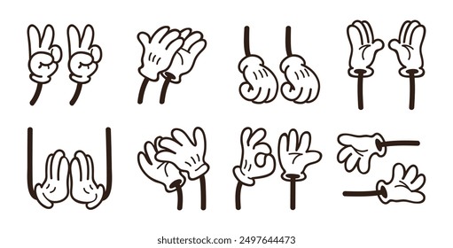 Comic hands. Vintage retro hands in gloves. Comic retro hands in different poses. Isolated mascot character elements