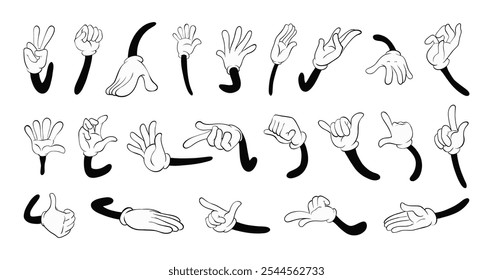 Comic hands. Vintage retro hands in gloves. Comic retro hands in different poses. Isolated mascot character elements