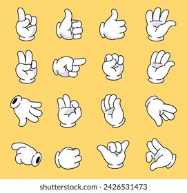 Comic hands in white gloves. Different types of hand gestures. Palms in different angles. Body part. Vector illustration