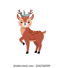 Comic happy deer standing vector illustration. Reindeer or fawn cartoon character, wild animal with antlers and little tail isolated on white background. Wildlife, Christmas concept