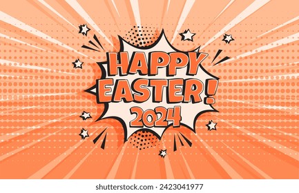 Globo de historieta Feliz Pascua sobre fondo de melocotón, burbuja de habla vectorial, nube de dibujos animados al estilo del arte pop. Ilustración de moda de vacaciones de 2024 años