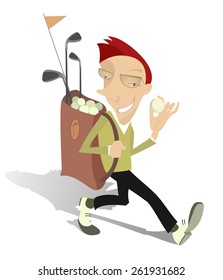 Comic happy golfer goes to play golf 