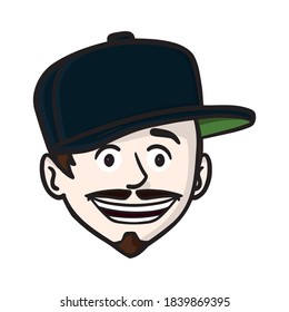 comic head of a boy tilted from the side with cap. laugh, snout, avatar, goatee.