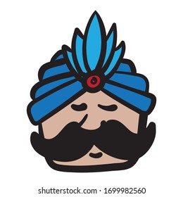 Comic head of a Sultan with a blue turban and thick mustache. children's book, comic, illustration, avatar.