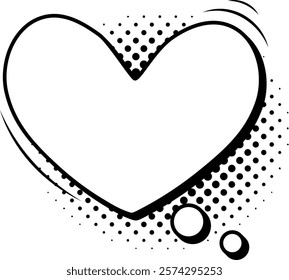 Comic heart shaped speech bubble is exploding with halftone dots and speed lines, symbolizing love, passion, and romantic feelings in a fun and expressive way