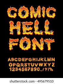 Comic Hell font. inferno ABC. Fire letters. Sinners in hellfire. hellish Alphabet. Scrape down flame for sins. torture skeletons