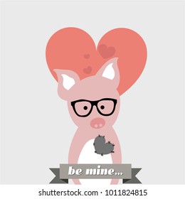
comic hipster pig with glasses from the valentines collection.Set of love greeting cards with cute animals and funny phrases. Collection of posters or cards for birthday, save the day, wedding