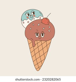Comic ice cream with cherry in cartoon retro and groovy style. Character with faces of the 70s. Vector illustration
