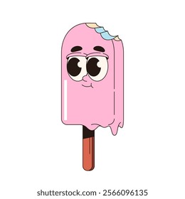 Comic ice cream on stick with funny face. Vector icon of frozen food with bite. Milk dessert takeaway sign or badge. Meal character sticker. Personage with eyes for tasty food mascot. Sweet nutrition.