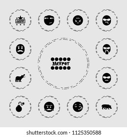 Comic icon. collection of 13 comic filled icons such as jackpot, emot with mustache, rolling eyes emoji, sleeping emot, angry emoji. editable comic icons for web and mobile.