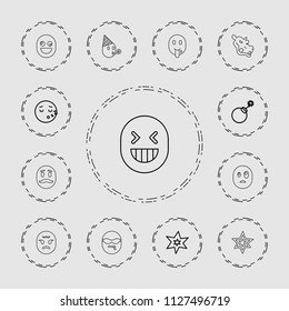 Comic icon. collection of 13 comic outline icons such as explosion, sleeping emot, hippopotamus, crazy emot, emoji showing tongue. editable comic icons for web and mobile.