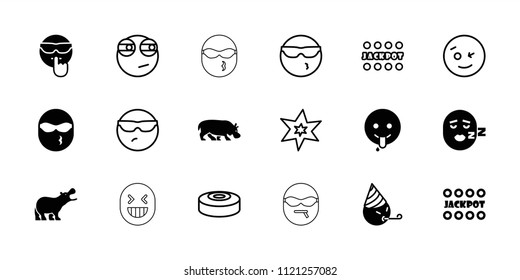 Comic icon. collection of 18 comic filled and outline icons such as jackpot, cool emot, party emot, emoji showing tongue, explosion. editable comic icons for web and mobile.