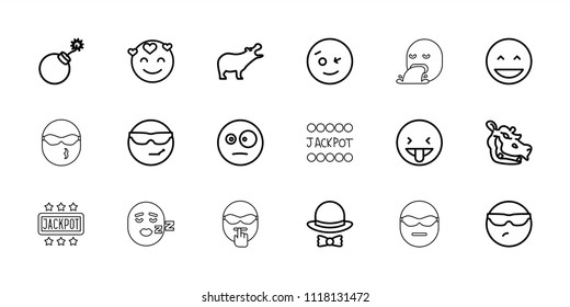 Comic icon. collection of 18 comic outline icons such as hippopotamus, explosion, laughing emot, wink emot, hat and bow. editable comic icons for web and mobile.