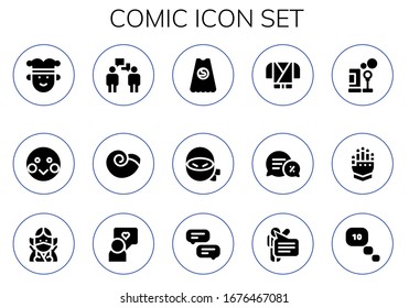 conjunto de iconos de cómic. 15 iconos de cómic rellenos.  Iconos modernos sencillos, como: Joker, Shy, Conversation, Winkle, Superhéroe, Ninja, Bubbles, Gauntlet, Speech, Thinking