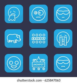 Comic icon. set of 9 outline comic icons such as hippopotamus, Jackpot, crazy emot, cool emot in sunglasses