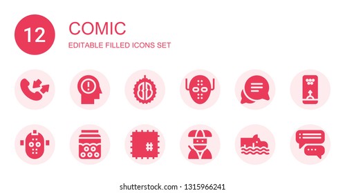 comic icon set. Collection of 12 filled comic icons included Conversation, Think, Durian, Serial killer, Bubble, Patch, Ninja, Hippo