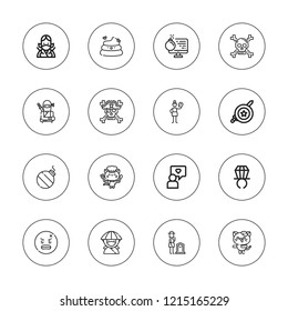 Comic icon set. collection of 16 outline comic icons with angry, bomb, grief, kitty, ninja, pensive, poop, ring pop, skull, superhero icons.