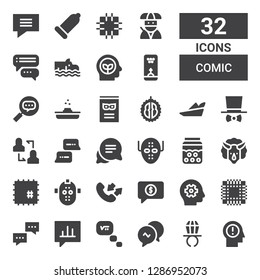 comic icon set. Collection of 32 filled comic icons included Think, Ring pop, Conversation, Thinking, Bubble speech, Dialogue, Patch, Serial killer, Triceratops, Bubble, Discussion