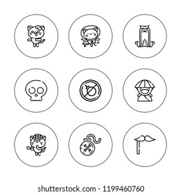 Comic icon set. collection of 9 outline comic icons with bomb, cape, costume, kitty, ninja icons. editable icons.