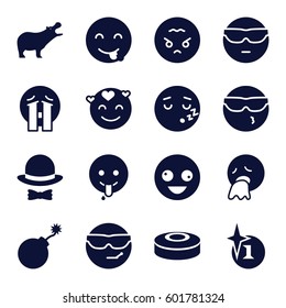 comic icons set. Set of 16 comic filled icons such as hippopotamus, explosion, crazy emot, cool emot in sunglasses, crying emoji, emoji showing tongue, angry emoji