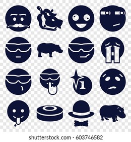 Comic icons set. set of 16 comic filled icons such as hippopotamus, explosion, crazy emot, cool emot in sunglasses, crying emoji, emoji showing tongue, rolling eyes emoji