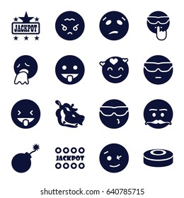 Comic icons set. set of 16 comic filled icons such as hippopotamus, explosion, jackpot, wink emot, cool emot in sunglasses, angry emoji
