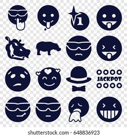 Comic icons set. set of 16 comic filled icons such as hippopotamus, explosion, jackpot, laughing emot, cool emot in sunglasses, emoji showing tongue