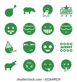 Comic icons set. set of 16 comic filled icons such as hippopotamus, explosion, jackpot, crazy emot, laughing emot, emoji showing tongue, rolling eyes emoji