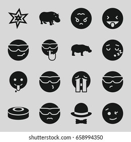 Comic icons set. set of 16 comic filled icons such as hippopotamus, explosion, wink emot, cool emot in sunglasses, crying emoji, emoji showing tongue, angry emoji, hat and bow