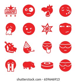 Comic icons set. set of 16 comic filled icons such as hippopotamus, explosion, jackpot, wink emot, cool emot in sunglasses, crying emoji, rolling eyes emoji