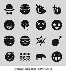 Comic icons set. set of 16 comic filled icons such as hippopotamus, explosion, jackpot, crazy emot, laughing emot, rolling eyes emoji