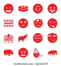 Comic icons set. set of 16 comic filled icons such as hippopotamus, jackpot, laughing emot, cool emot in sunglasses, rolling eyes emoji, angry emoji