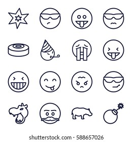 comic icons set. Set of 16 comic outline icons such as hippopotamus, explosion, smoke bomb, laughing emot, cool emot in sunglasses, crying emoji