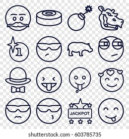 Comic icons set. set of 16 comic outline icons such as hippopotamus, explosion, Jackpot, hat and bow, smoke bomb, cool emot in sunglasses, emot showing tongue