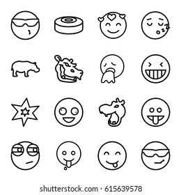 Comic icons set. set of 16 comic outline icons such as hippopotamus, explosion, smoke bomb, crazy emot, laughing emot, emoji showing tongue
