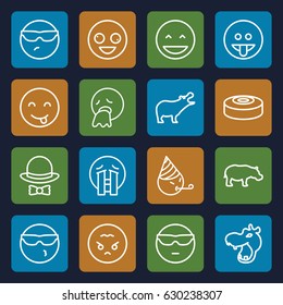 Comic icons set. set of 16 comic outline icons such as hippopotamus, hat and bow, smoke bomb, crazy emot, laughing emot, crying emoji
