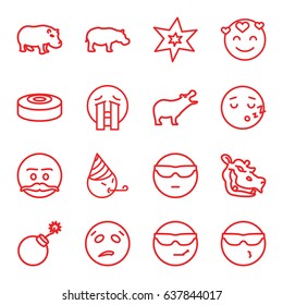 Comic icons set. set of 16 comic outline icons such as hippopotamus, explosion, smoke bomb, cool emot in sunglasses, emot in love