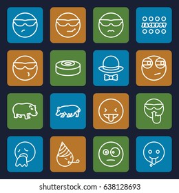Comic icons set. set of 16 comic outline icons such as hippopotamus, jackpot, hat and bow, smoke bomb, cool emot in sunglasses, surprised emot, emoji showing tongue